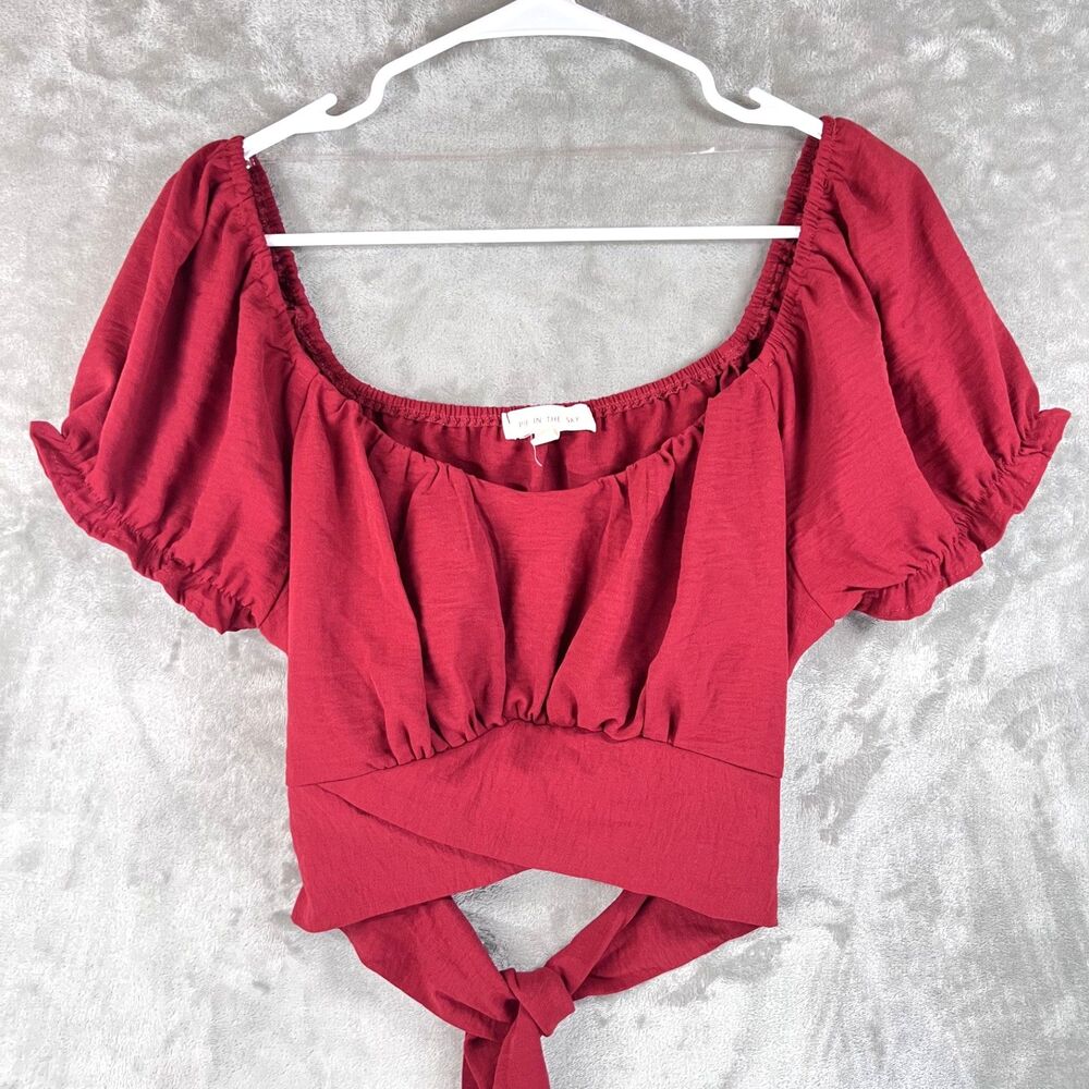 Pie In The Sky Women’s XL Red Puff Sleeve Tie Back Crop Top Square Neck Blouse